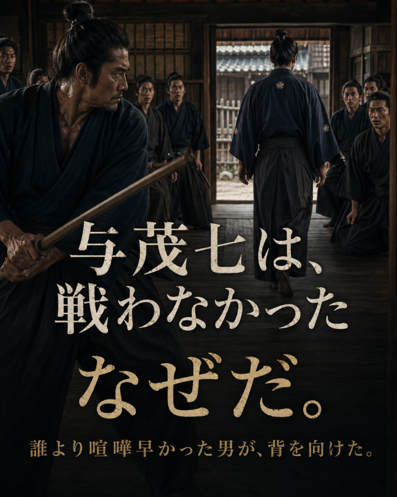 山本周五郎『与茂七の帰藩』の「物語を巡る」カード4。誰より喧嘩早かった与茂七が三郎兵衛との勝負を避け、背を向ける逆説を描くカード。