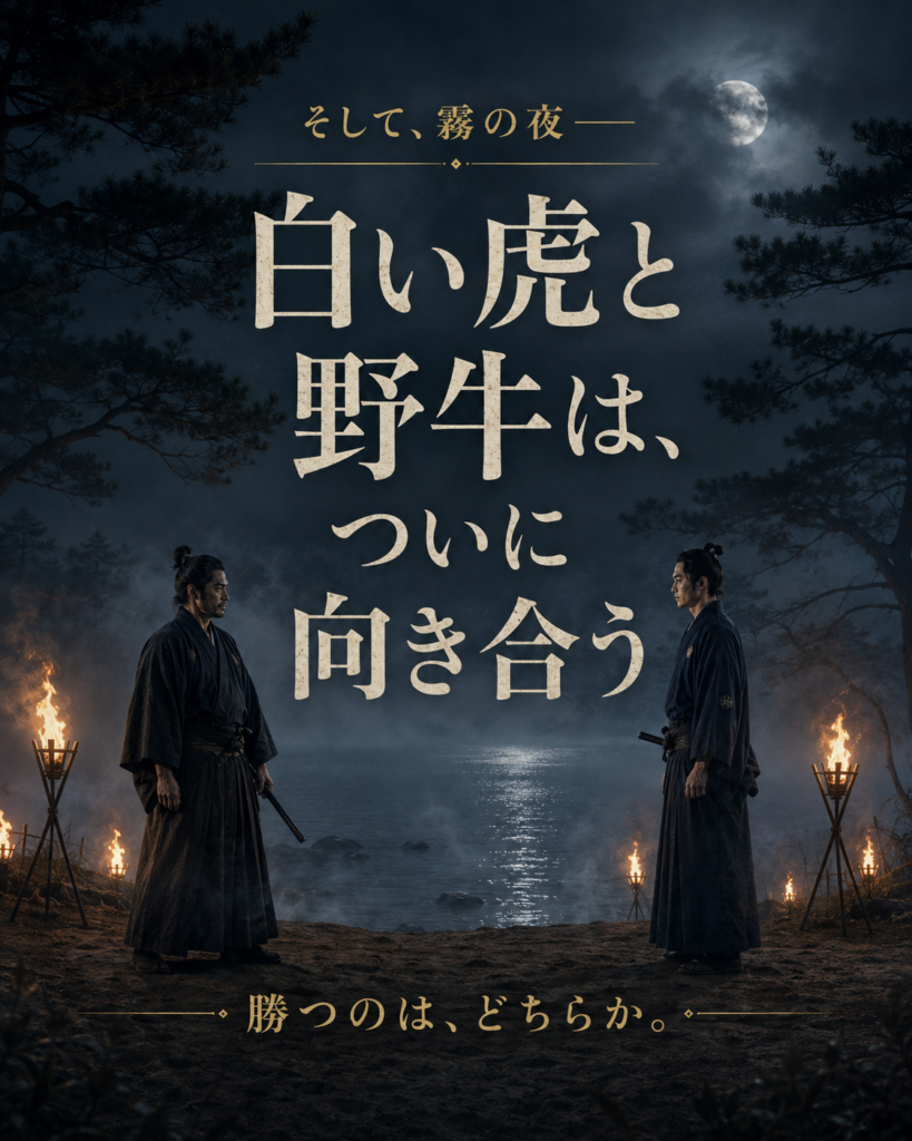 山本周五郎『与茂七の帰藩』の「物語を巡る」カード5。霧の琵琶湖畔で「白い虎」と「野牛」がついに向き合う場面を描くカード。