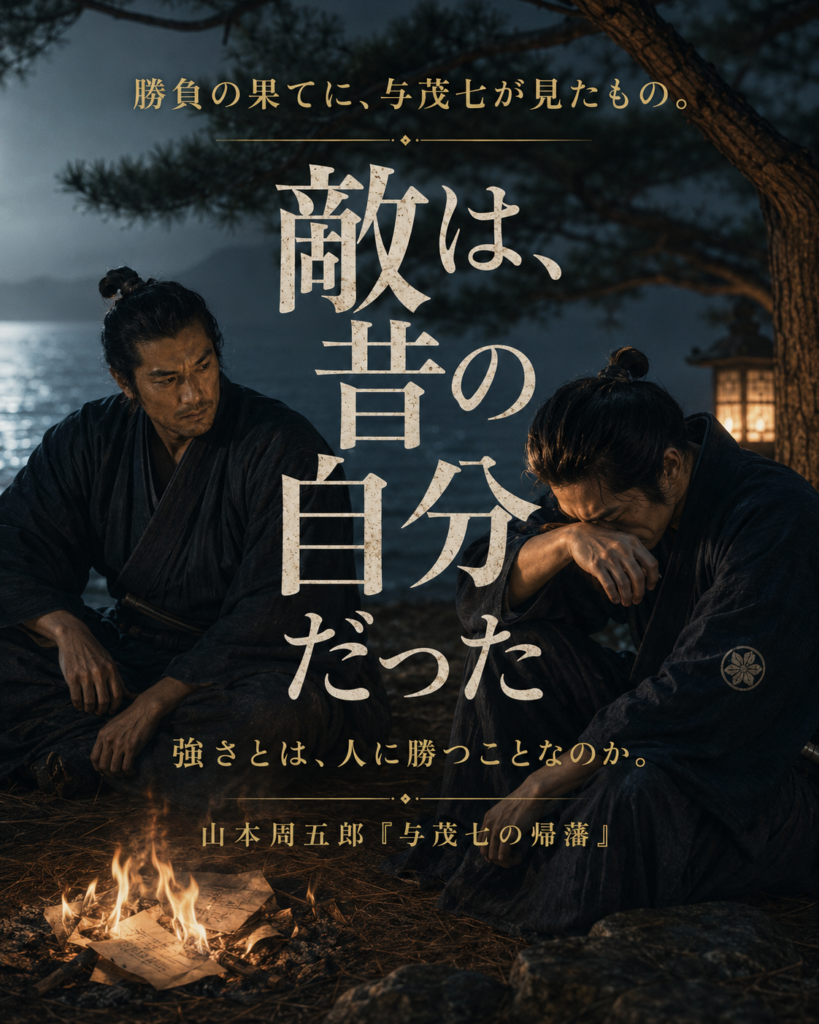 山本周五郎『与茂七の帰藩』の「物語を巡る」カード6。勝負の果てに、与茂七が三郎兵衛の中に昔の自分を見たことを示す結末カード。