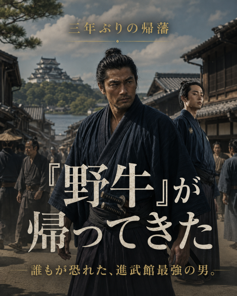山本周五郎『与茂七の帰藩』の「物語を巡る」カード2。「野牛」と恐れられた斎東与茂七が三年ぶりに彦根へ帰ってきたことを描くカード。