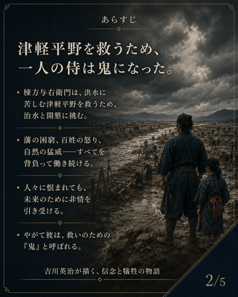 荒れた津軽平野を見つめる棟方与右衛門とお珠