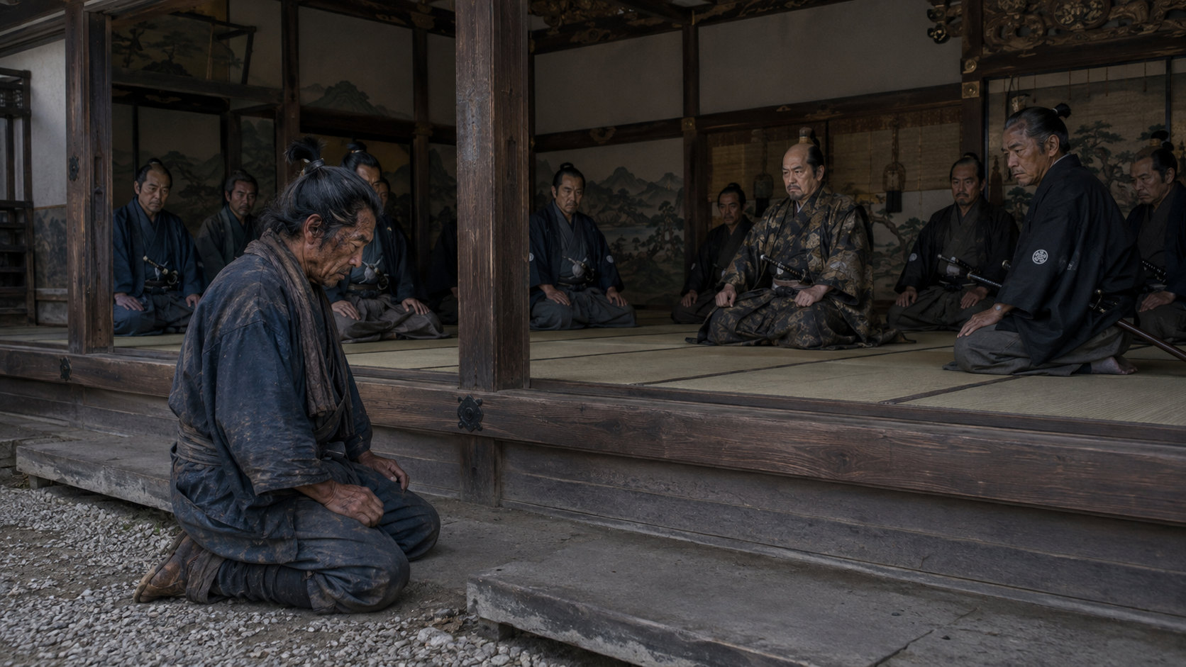 弘前城で藩主の前にひざまずく棟方与右衛門
