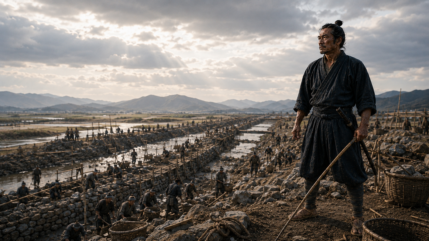 完成へ向かう堤を見守る棟方与右衛門