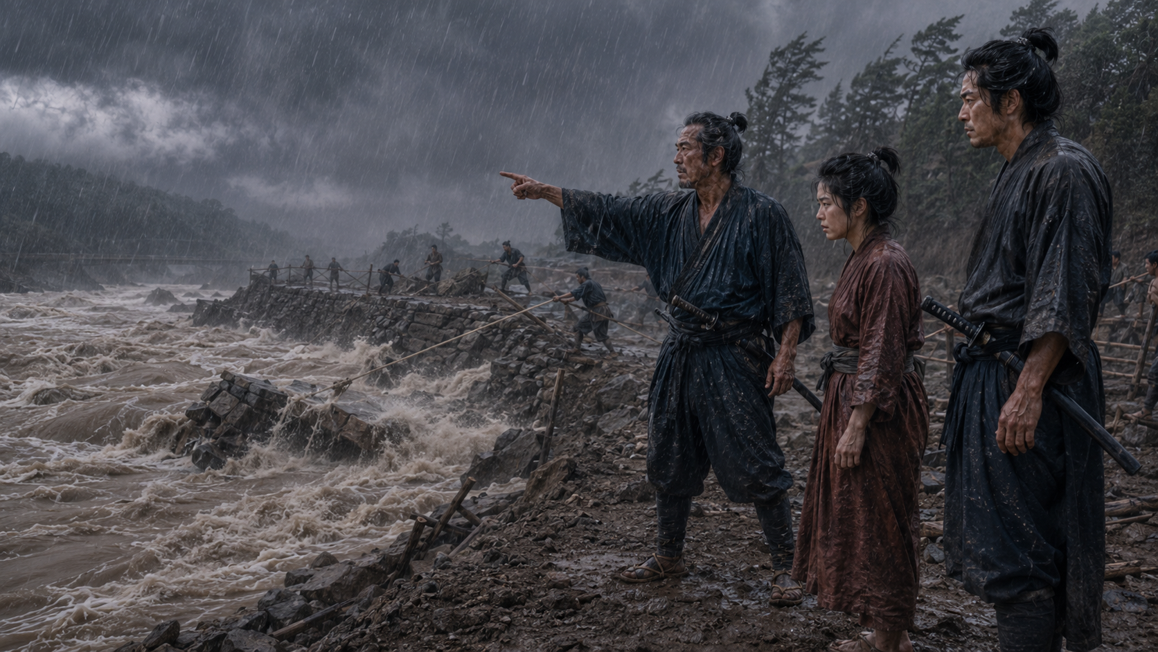 豪雨の中で崩れた堤を修復する人々
