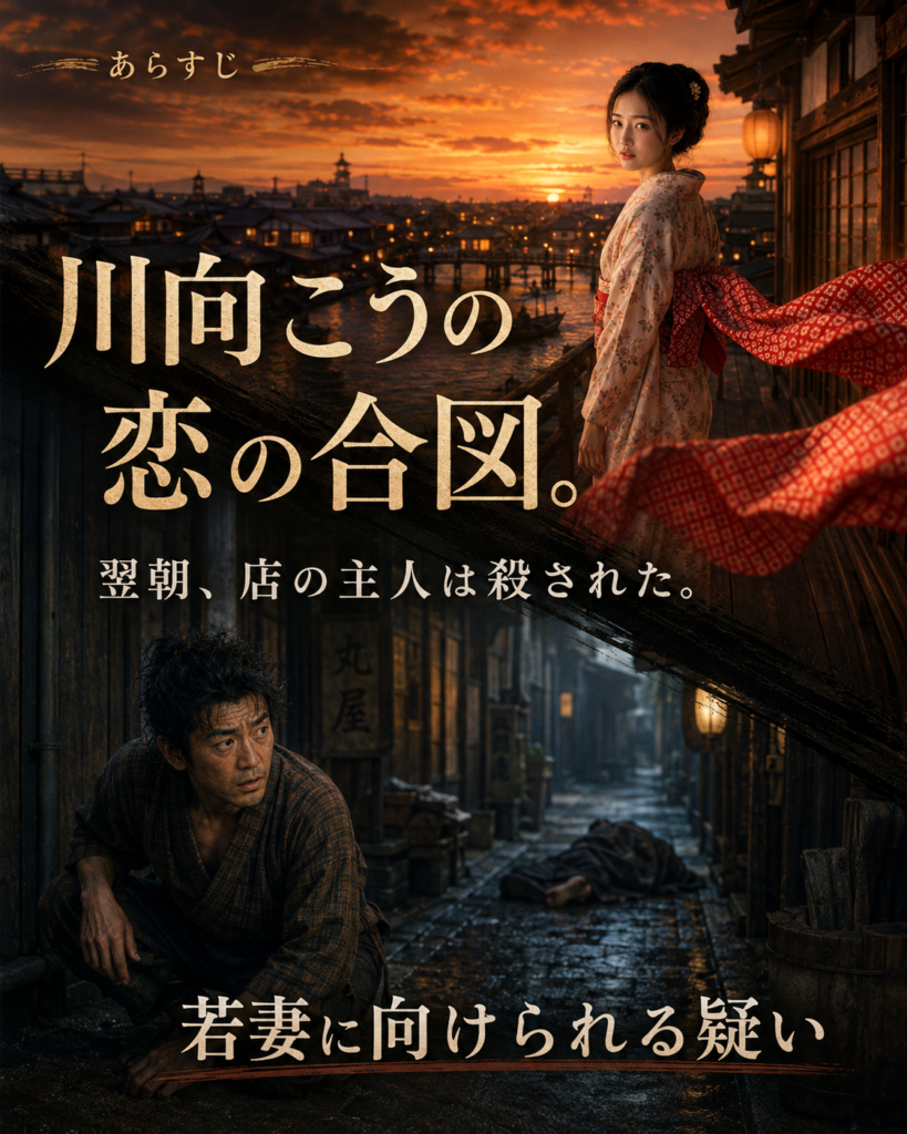 夕暮れの川向こうで紅い扱帯を掲げる若妻と、事件の始まりを示す縦長ビジュアル