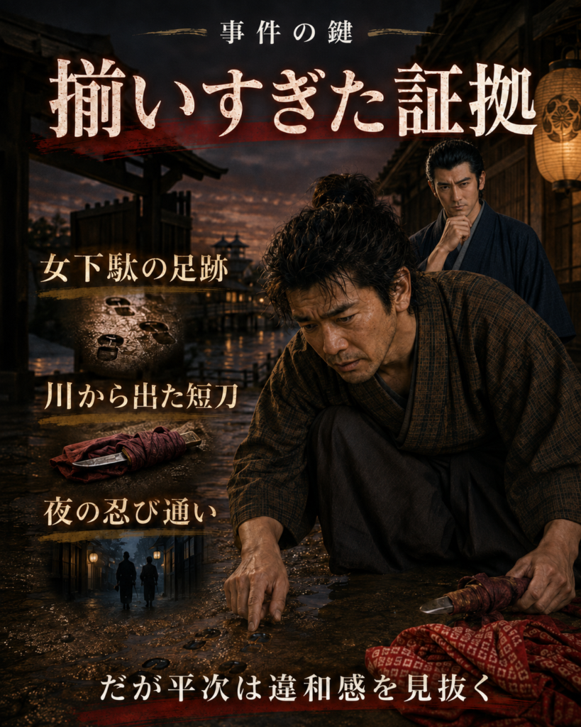 小さな下駄の足跡や短刀など、若妻へ疑いを向ける証拠を示す縦長ビジュアル
