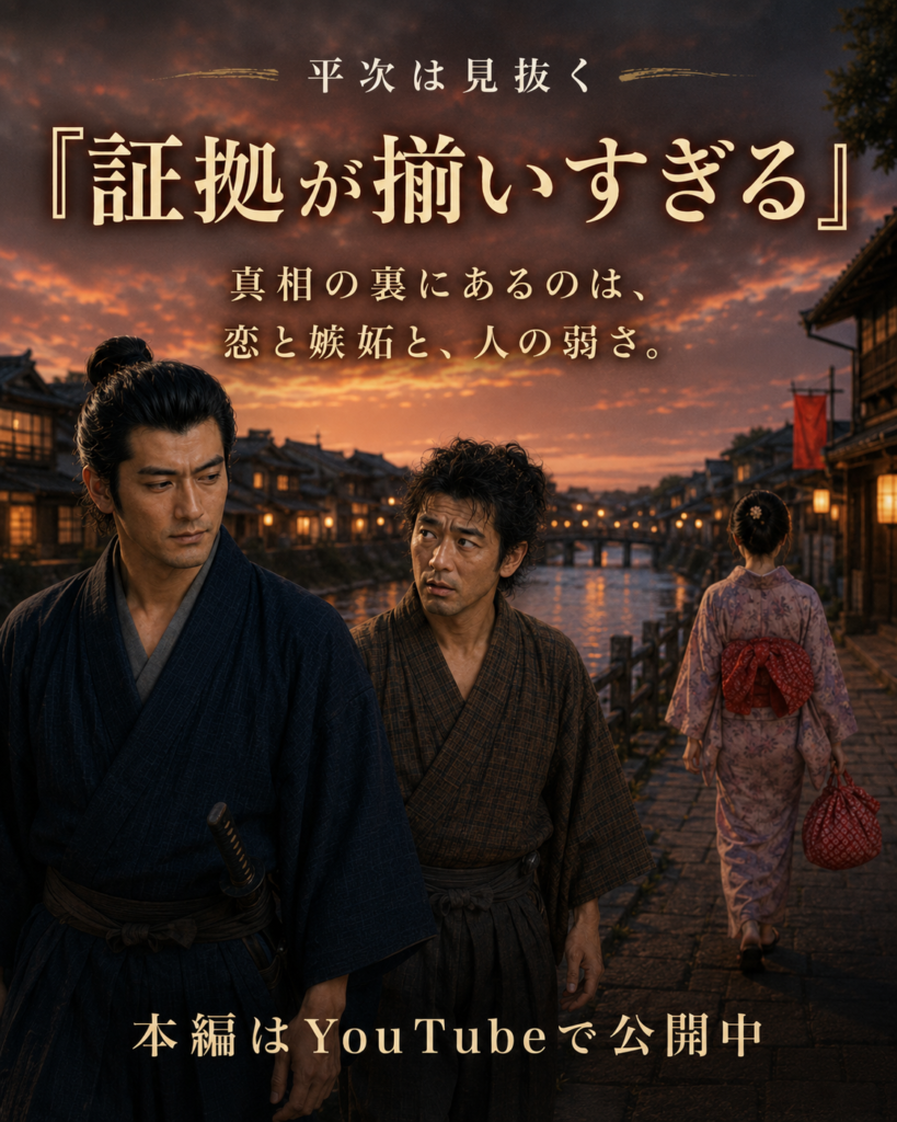 夕暮れの水辺を歩く平次と八五郎、遠ざかる女の姿を描いた縦長ビジュアル