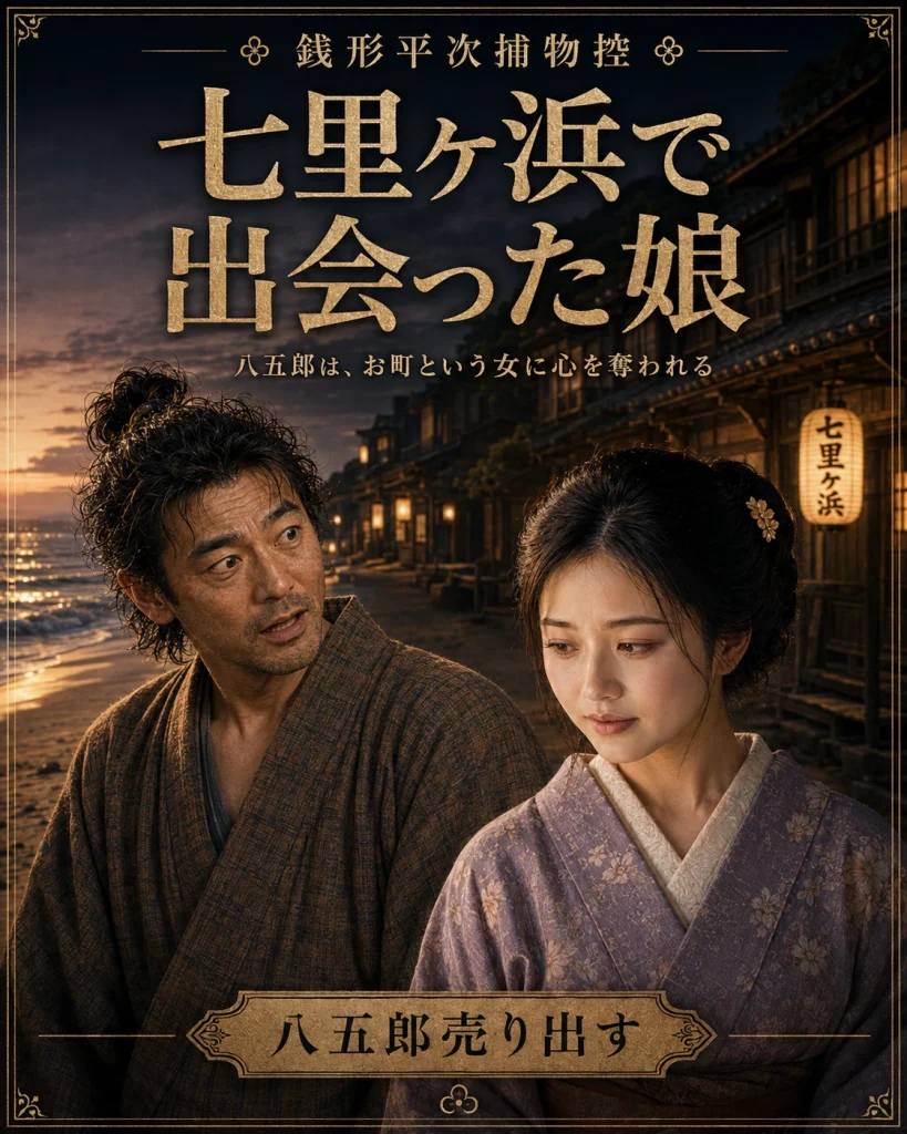 七里ヶ浜で八五郎がお町と出会う、物語の始まり。