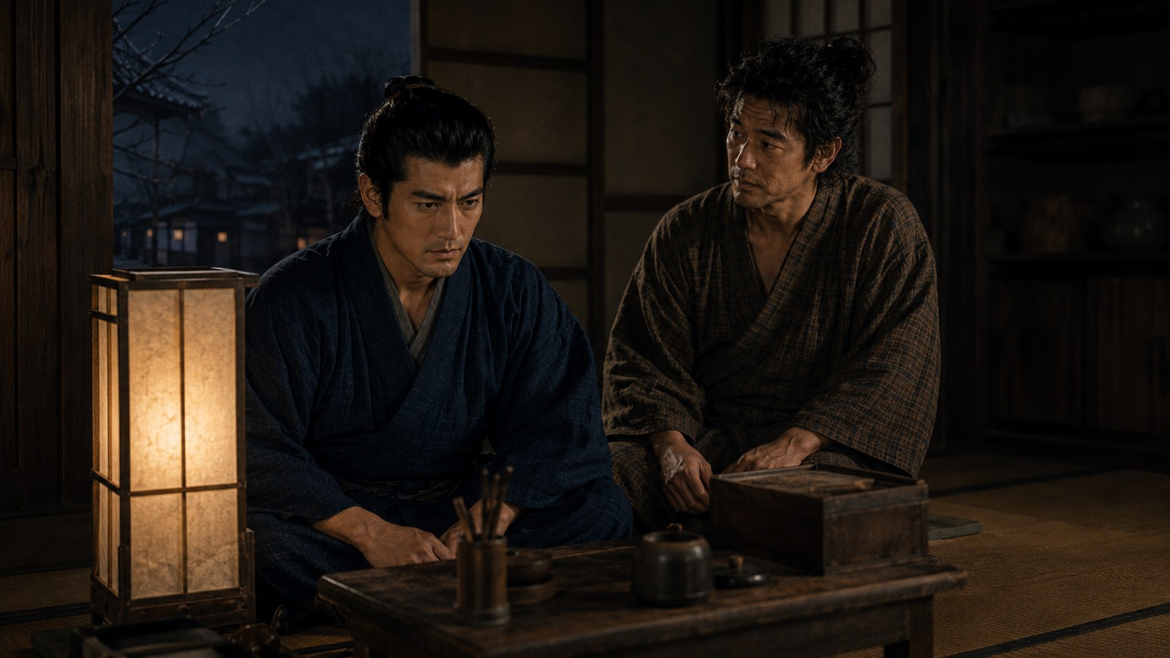 事件後の夜、灯火のそばで沈痛な表情を見せる銭形平次と八五郎