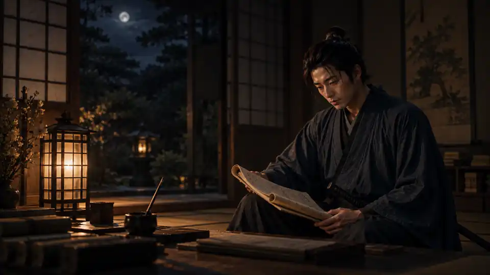 新三郎が夜の書斎で巻物を読む