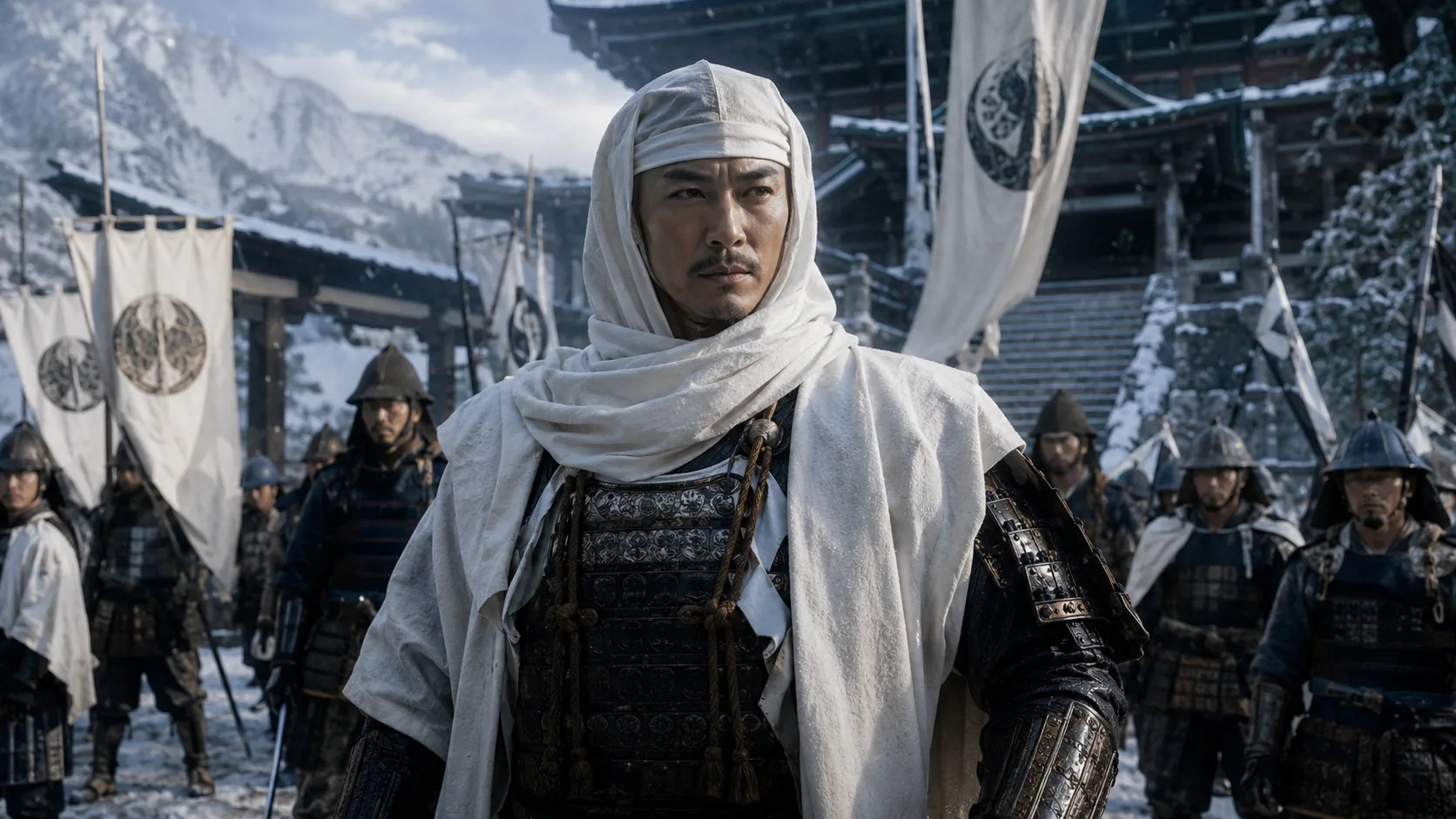 冬の戦陣に立つ武将