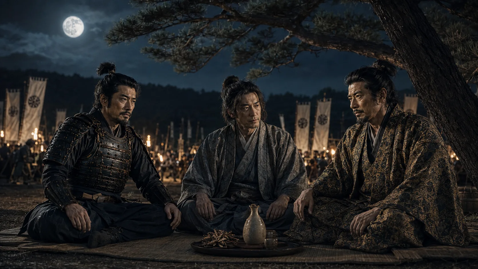 月下で軍略を語る武将たち