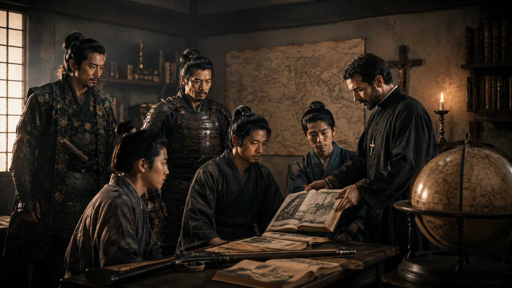 地図と書物を囲む武将たち