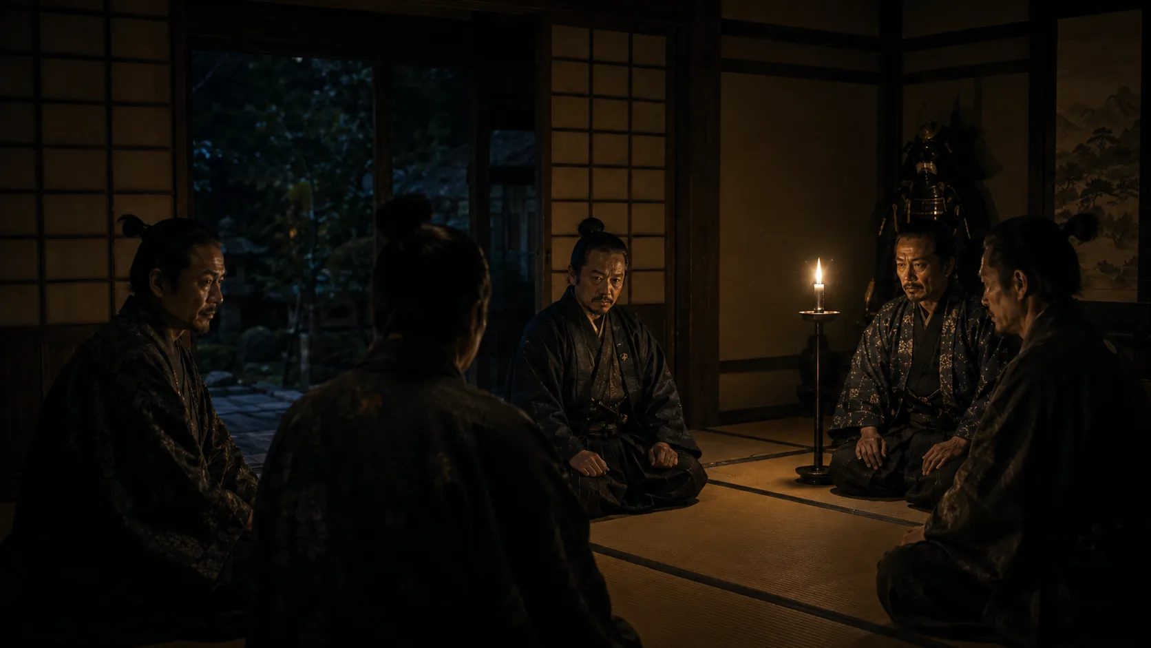 夜の座敷で協議する武将たち