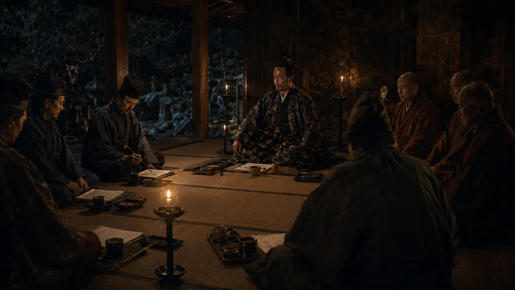 寺院で僧侶と協議する武将たち