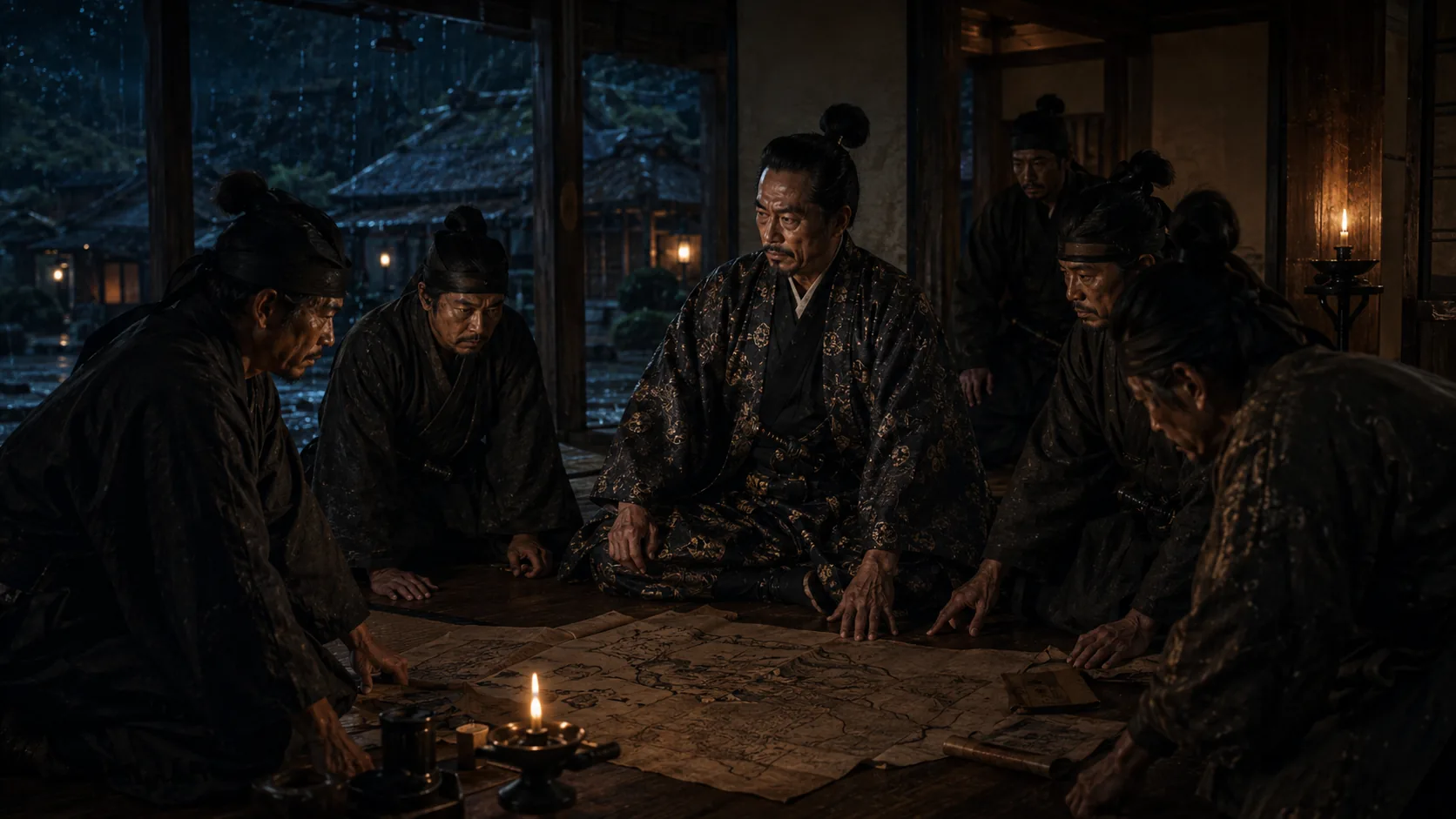 雨夜に地図を囲む武将たち