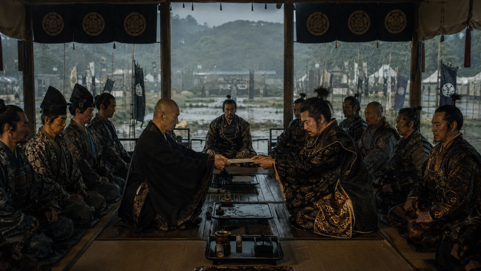 陣中で文書を受け渡す武将と僧侶