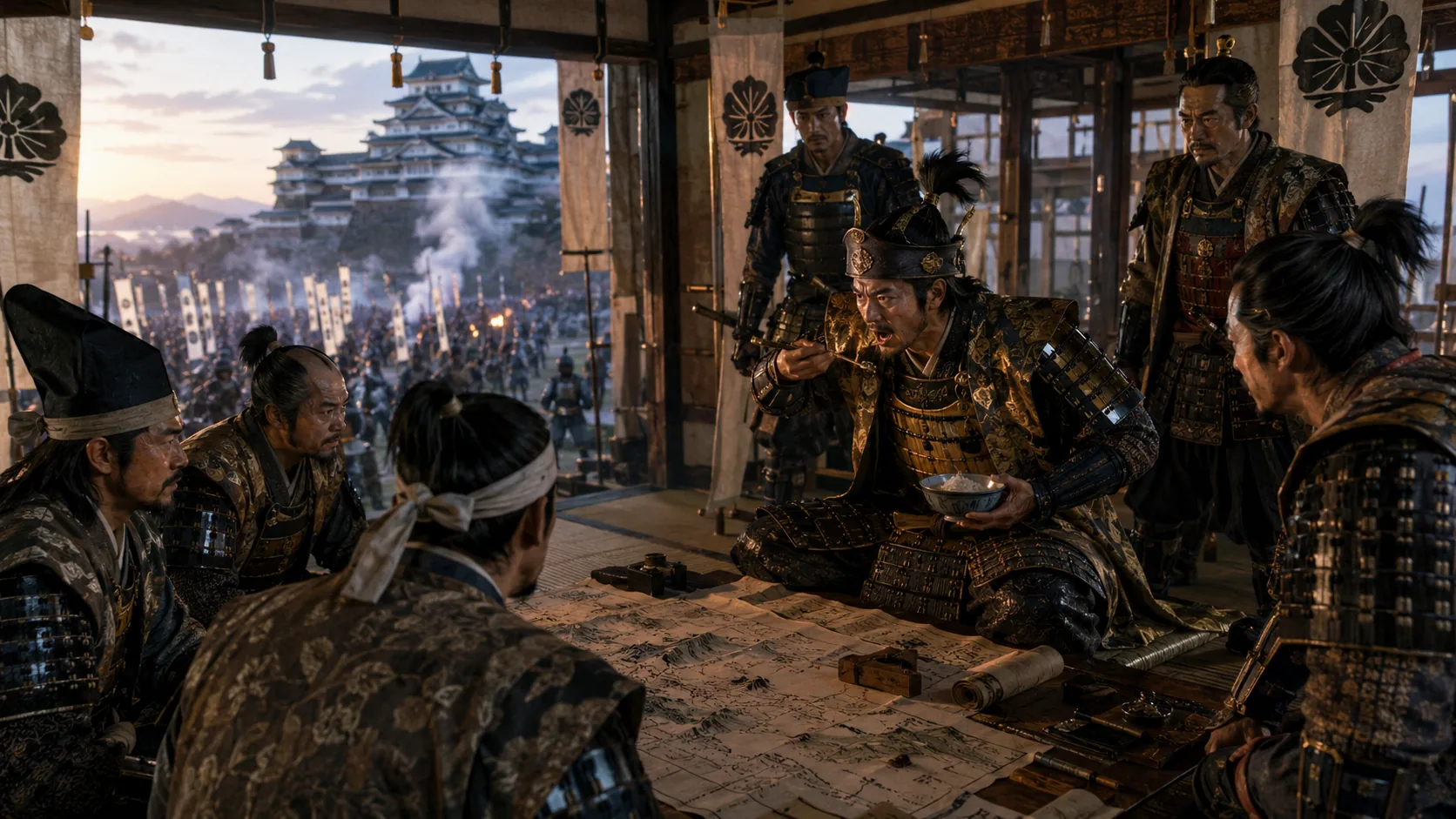 城を背景に軍議を進める武将たち