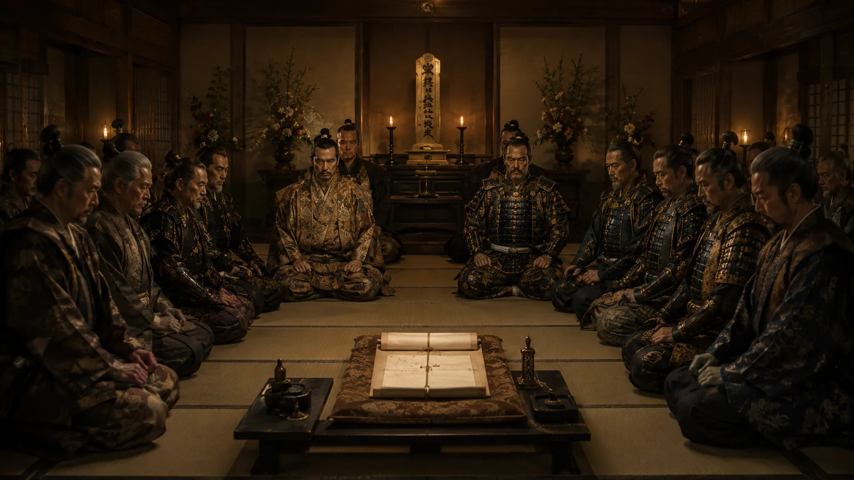 位牌を前に集う武将たち