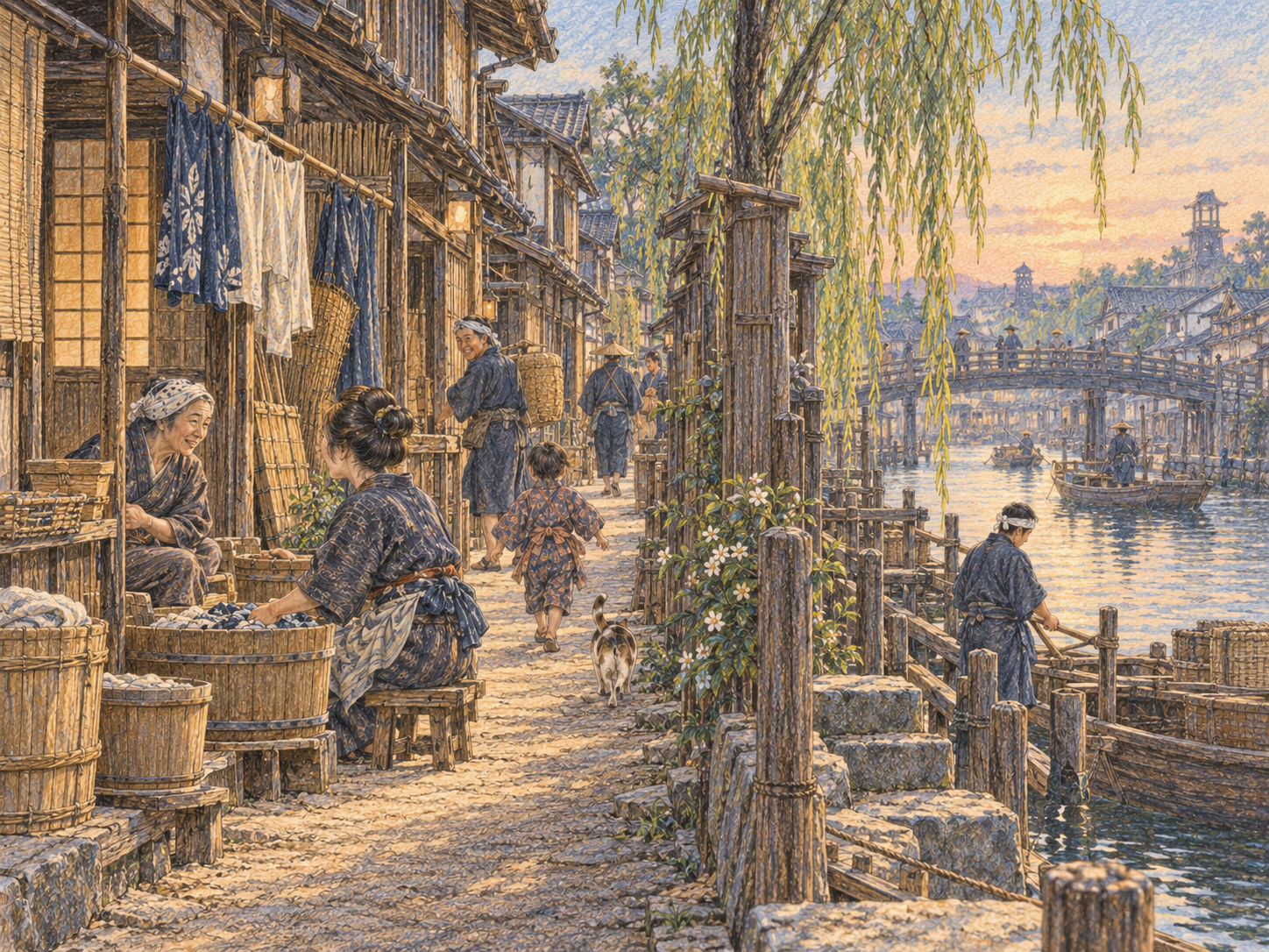 長屋の軒先で家事をする住人と子ども、水辺の小道を描く色鉛筆画