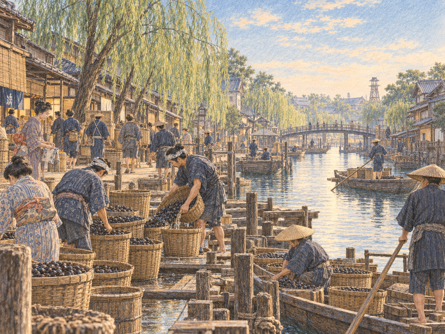 朝の深川、しじみの荷を扱う河岸と舟、人々の往来を描く色鉛筆画